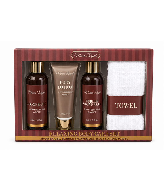 HEM HEM Verzorgingsset Dames Rood – Kersenbloesem & Amber – Douchegel, Bad- en Douchegel, Bodylotion & Handdoek – Inclusief HEM Microvezeldoekje