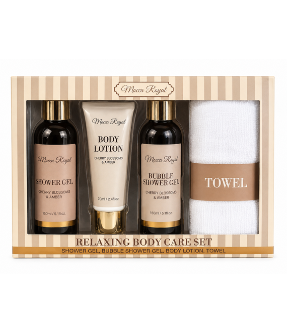 HEM HEM Verzorgingsset Dames Beige – Kersenbloesem & Amber – Douchegel, Bad- en Douchegel, Bodylotion & Handdoek – Inclusief HEM Microvezeldoekje