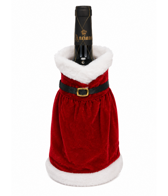 HEM HEM Wijnfles Kerstdecoratie Kerstjurk Rood Wit - Wijnfleshoes - Flesversiering - Kerst Tafeldecoratie 20 cm