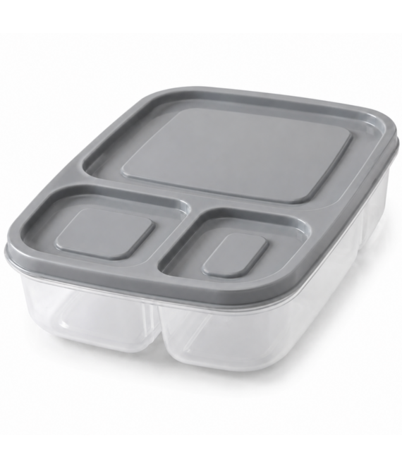 HEM Lunchbox Met 3 Vakken Grijs 24 x 15,5 x 5,1 cm - Broodtrommel Met Vakken - Bento Lunchbox - Brooddoos Voor School Werk En Onderweg
