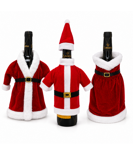 HEM HEM Wijnfles Kerstdecoratie Set 3 Stuks - Kerstjurk Kerstmanpak & Kerstpak Met Muts