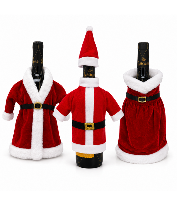 HEM HEM Wijnfles Kerstdecoratie Set 3 Stuks - Kerstjurk Kerstmanpak & Kerstpak Met Muts - Wijnfleshoes - Flesversiering