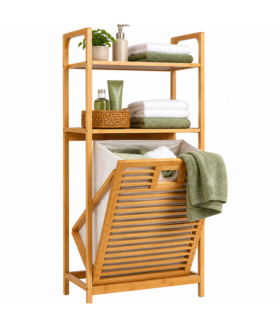 HEM HEM Bamboe Badkamerrek met Wasmand 40x30x95 cm - Wasmandrek met 2 Opbergplanken - Badkamer Organizer - Inclusief Microvezeldoekje