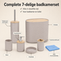 HEM HEM Badkameraccessoireset 7-delig - Badkamerset met Afvalbak, Toiletborstel, Zeepdispenser, Tandenborstelhouder, Beker, Zeepbakje en HEM Microvezeldoek - Warmgrijs met Bamboe