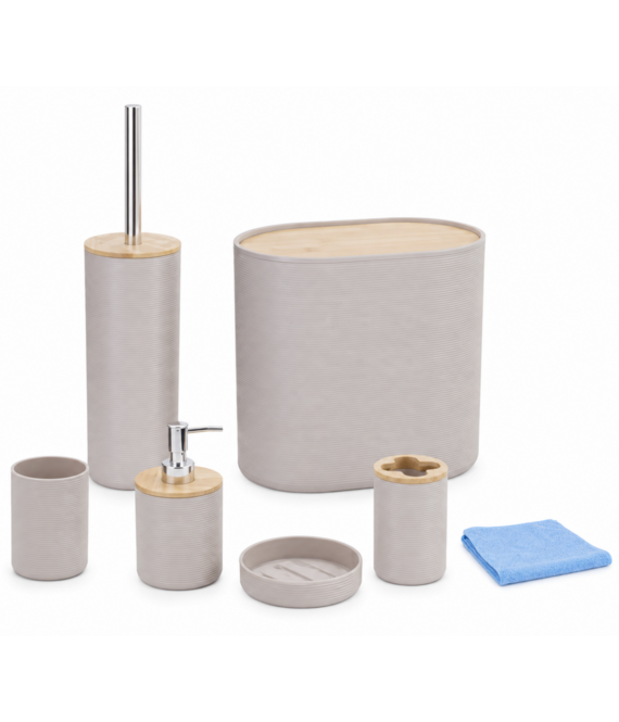 HEM HEM Badkameraccessoireset 7-delig - Badkamerset met Afvalbak, Toiletborstel, Zeepdispenser, Tandenborstelhouder, Beker, Zeepbakje en HEM Microvezeldoek - Warmgrijs met Bamboe