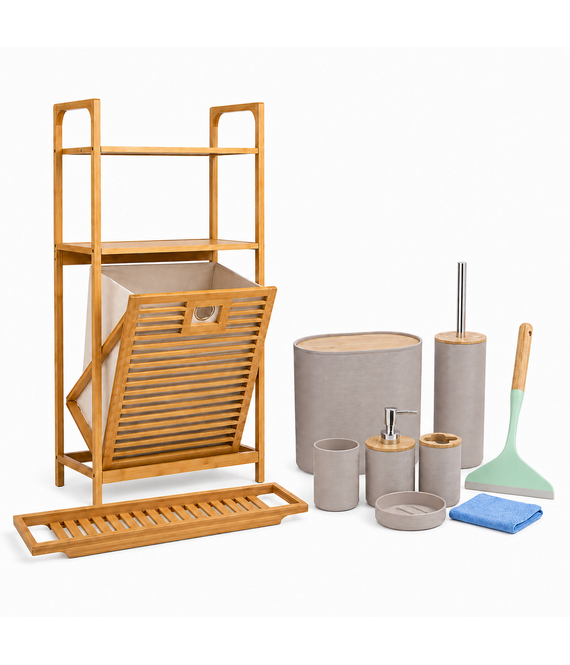 HEM HEM Bamboe Badkamerset 10-delig – Badkamerrek met Wasmand, Badrek en Badkameraccessoires – Raamwisser Groen – Met Microvezeldoekje