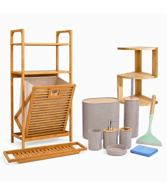 HEM HEM Badkamermeubelset 11-delig - Badkamerrek met Wasmand 40x30x95 cm - Bamboe Hoekrek 3-laags 40x20x20 cm - Bamboe Badrek 64x15 cm - 6-delige Badkameraccessoires - Mintgroene Raamwisser - Microvezeldoekje