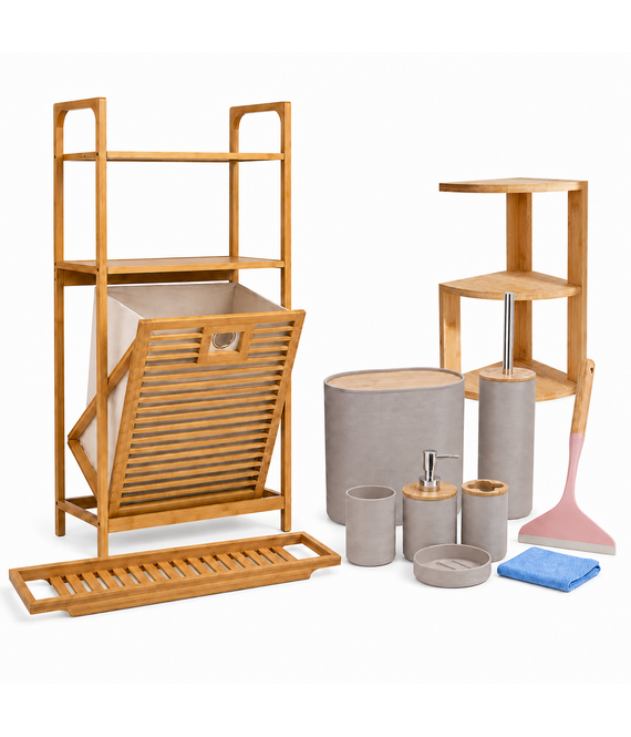 HEM HEM Badkamermeubelset 11-delig - Badkamerrek met Wasmand 40x30x95 cm - Bamboe Hoekrek 3-laags 40x20x20 cm - Bamboe Badrek 64x15 cm - 6-delige Badkameraccessoires - Roze Raamwisser - Microvezeldoekje