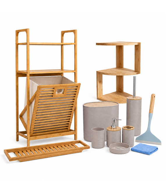 HEM HEM Badkamermeubelset 11-delig - Badkamerrek met Wasmand 40x30x95 cm - Bamboe Hoekrek 3-laags 40x20x20 cm - Bamboe Badrek 64x15 cm - 6-delige Badkameraccessoires - Blauwe Raamwisser - Microvezeldoekje