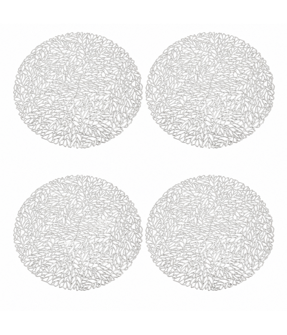 HEM HEM Placemats Rond Ø 38 cm Zilver - PVC Tafelmatten - Bordonderleggers - Opengewerkt Bladpatroon - Set van 4