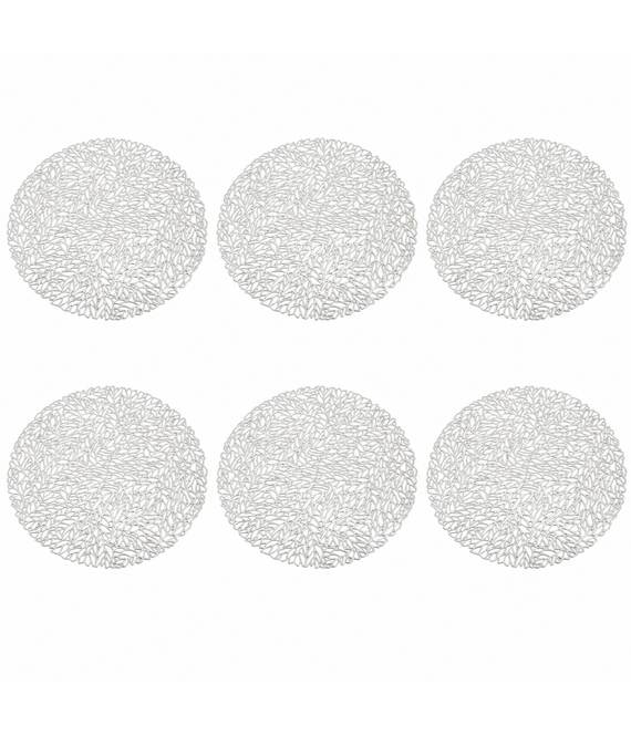 HEM HEM Placemats Rond Ø 38 cm Zilver - PVC Tafelmatten - Bordonderleggers - Opengewerkt Bladpatroon - Set van 6