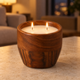 HEM HEM Kaars in Acaciahouten Pot Ø10 cm - Houten Kaars - 150 g Wax - 18 Branduren - Donkerbruin - Met Microvezeldoekje