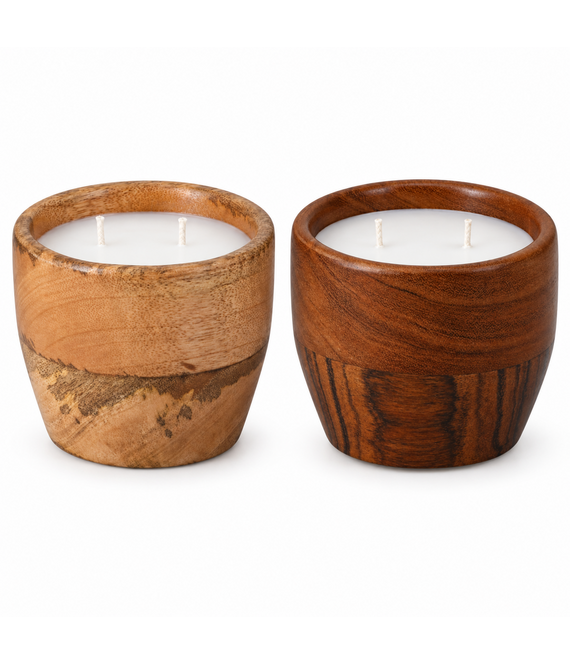 HEM HEM Houten Kaarsen Set 2 Stuks Ø10 cm - Mango- en Acaciahout - 2 x 150 g Wax - 2 x 18 Branduren - Met Microvezeldoekje