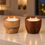 HEM HEM Houten Kaarsen Set 2 Stuks Ø10 cm - Mango- en Acaciahout - 2 x 150 g Wax - 2 x 18 Branduren - Met Microvezeldoekje