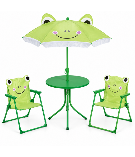 HEM Kinder Tuinset met Parasol - Kikker - 4-delig - Tafel met 2 Inklapbare Kinderstoelen - Groen - Inclusief HEM Microvezeldoekje