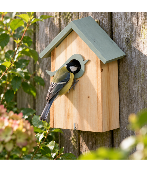 HEM HEM Vogelhuisje Hout - Nestkast voor Tuinvogels - 16 x 10 x 23 cm - Groen met Naturel Hout - Hangend - Met Microvezeldoekje