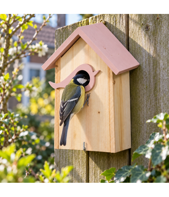 HEM HEM Vogelhuisje Hout - Nestkast voor Tuinvogels - 16 x 10 x 23 cm - Roze met Naturel Hout - Hangend - Met Microvezeldoekje