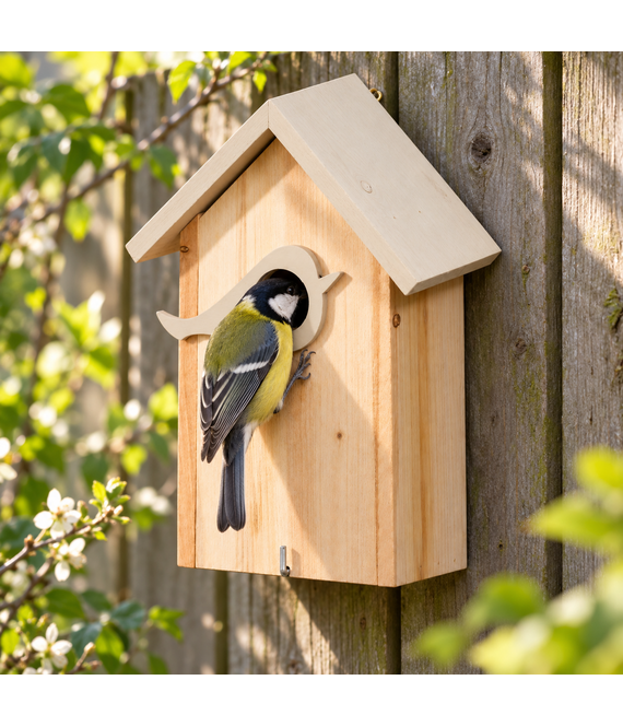 HEM HEM Vogelhuisje Hout - Nestkast voor Tuinvogels - 16 x 10 x 23 cm - Grijs met Naturel Hout - Hangend - Met Microvezeldoekje