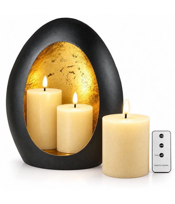 HEM HEM Lantaarn Zwart Goud met 3 Witte LED Kaarsen - Metalen Kaarsenhouder - Afstandsbediening en Timer 6 Uur - Sfeerverlichting Binnen