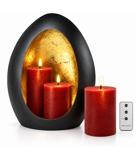 HEM HEM Lantaarn Zwart Goud met 3 Rode LED Kaarsen - Metalen Kaarsenhouder - Afstandsbediening en Timer 6 Uur - Sfeerverlichting Binnen