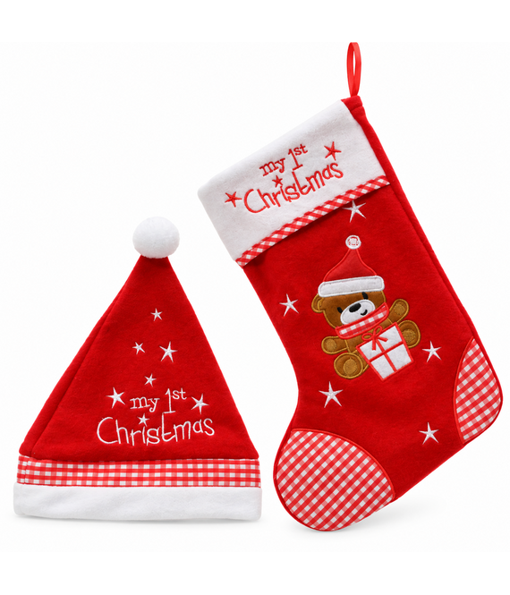 HEM HEM Kerstsok met Kerstmuts - Eerste Kerst - Beer - Rood Wit - 2-delige Set