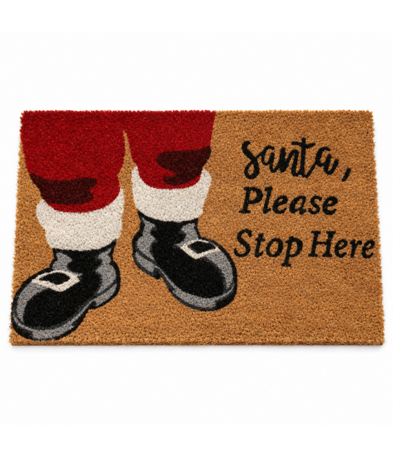 HEM HEM Kerst Deurmat Kokos 59 x 39 cm - Santa Please Stop Here - Kerstman - Kerstdecoratie - Inclusief Microvezeldoekje