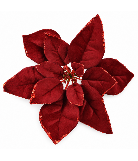 HEM HEM kerstster op clip - Bordeauxrood - 28 cm - Fluwelen kerstbloem met glitterrand