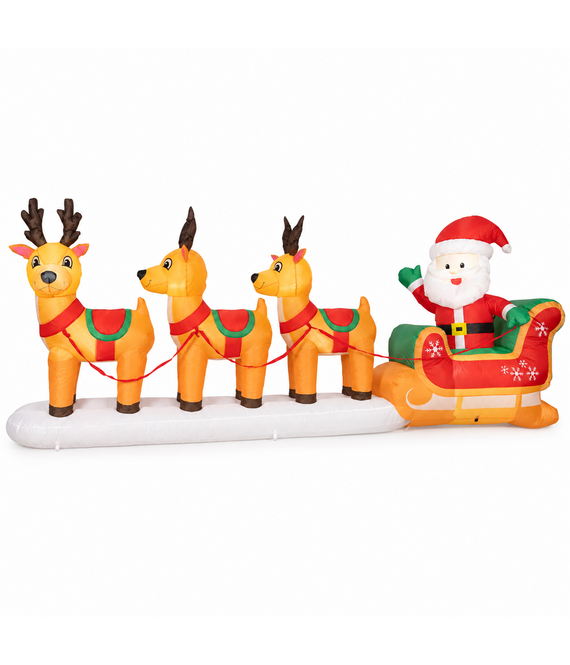 HEM HEM Opblaasbare kerstman met slee en 3 rendieren – 355 cm – Kerstdecoratie buiten – 8 koelwitte LED’s – Inclusief pomp en opbergzak