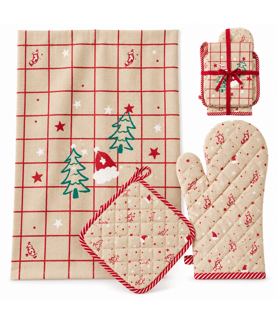 HEM HEM Kerst Keukentextiel Set – Kersttheedoek, Ovenwant en Pannenlap – Kerstdecoratie Keuken – 100% Katoen – Beige/Rood – Met HEM Microvezeldoekje