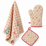 HEM HEM Kerst Keukentextiel Set – Kersttheedoek, Ovenwant en Pannenlap – Kerstdecoratie Keuken – 100% Katoen – Beige/Rood – Met HEM Microvezeldoekje