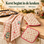HEM HEM Kerst Keukentextiel Set – Kersttheedoek, Ovenwant en Pannenlap – Kerstdecoratie Keuken – 100% Katoen – Beige/Rood – Met HEM Microvezeldoekje