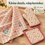 HEM HEM Kerst Keukentextiel Set – Kersttheedoek, Ovenwant en Pannenlap – Kerstdecoratie Keuken – 100% Katoen – Beige/Rood – Met HEM Microvezeldoekje