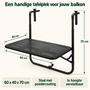 HEM HEM Hangende Balkontafel - Balkon Hangtafel voor Reling - 60 x 40 x 70 cm - In Hoogte Verstelbaar - Staal - Matzwart - Inclusief HEM Microvezeldoekje