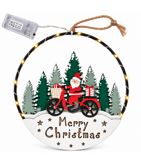 HEM HEM Kerst Raamdecoratie met LED - Kerstman op Fiets - Kerstring 20 cm - Warm Wit - Houten Kersthanger op Batterijen