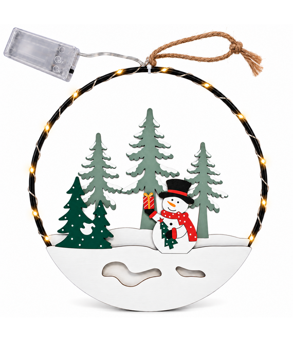 HEM HEM Kerst Raamdecoratie met LED - Sneeuwpop met Cadeau - Kerstring 20 cm - Warm Wit - Houten Kersthanger op Batterijen