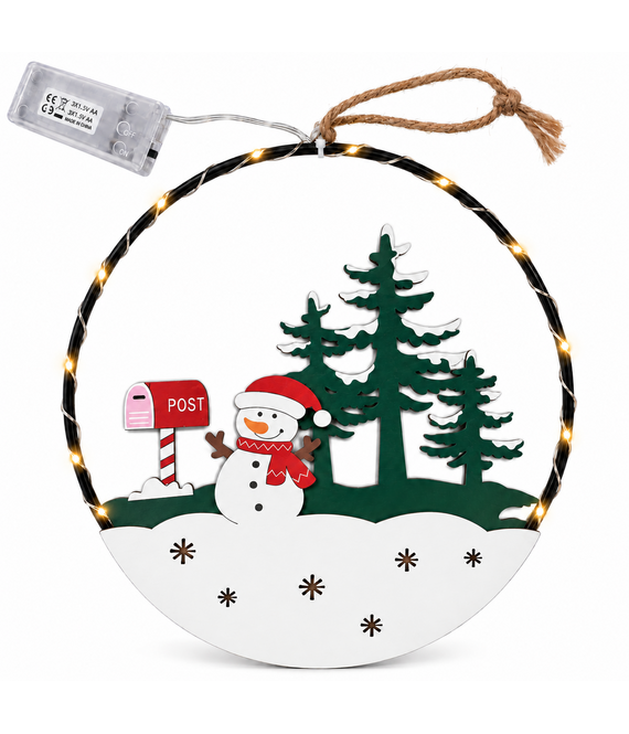 HEM HEM Kerst Raamdecoratie met LED - Sneeuwpop bij Brievenbus - Kerstring 20 cm - Warm Wit - Houten Kersthanger op Batterijen