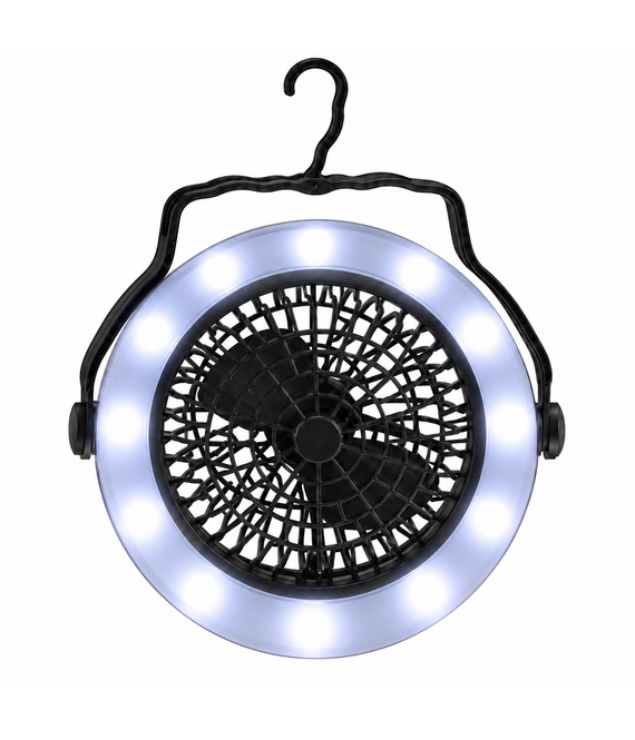 HEM HEM Campinglamp met Ventilator - 2-in-1 LED Tentlamp - 3 Gebruiksstanden - Op Batterijen - Ophangbaar en Staand - 18 cm - Zwart - Inclusief HEM Microvezeldoekje