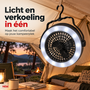 HEM HEM Campinglamp met Ventilator - 2-in-1 LED Tentlamp - 3 Gebruiksstanden - Op Batterijen - Ophangbaar en Staand - 18 cm - Zwart - Inclusief HEM Microvezeldoekje