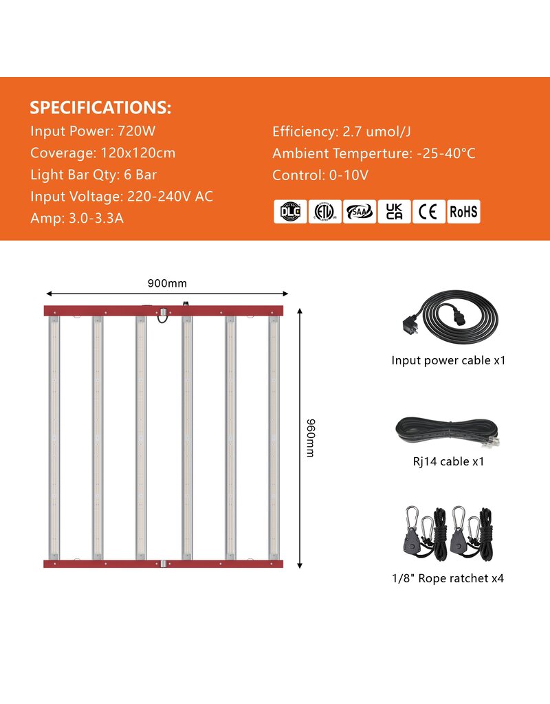 Ralight Ralight LED 720W XS 6 bars 100X100cm - Compacte LED-kweeklamp