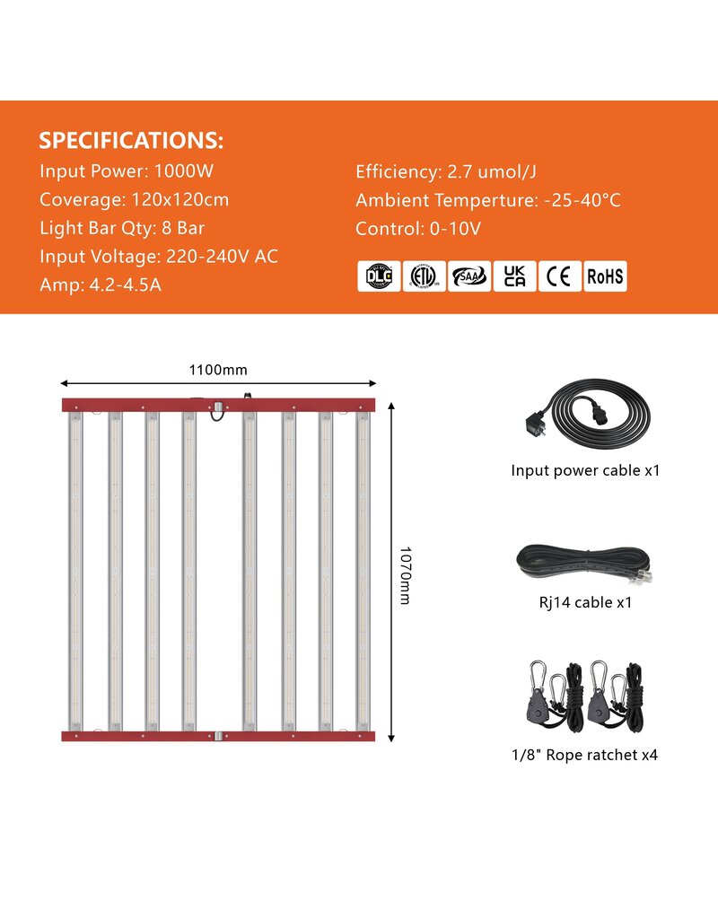 Ralight Ralight LED Growlight 1000W 8 bars 120X120cm