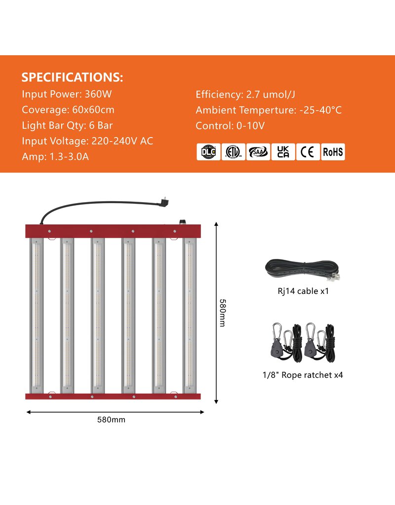 Ralight Ralight LED 360W 6 bars 60x60cm - LED Kweeklamp