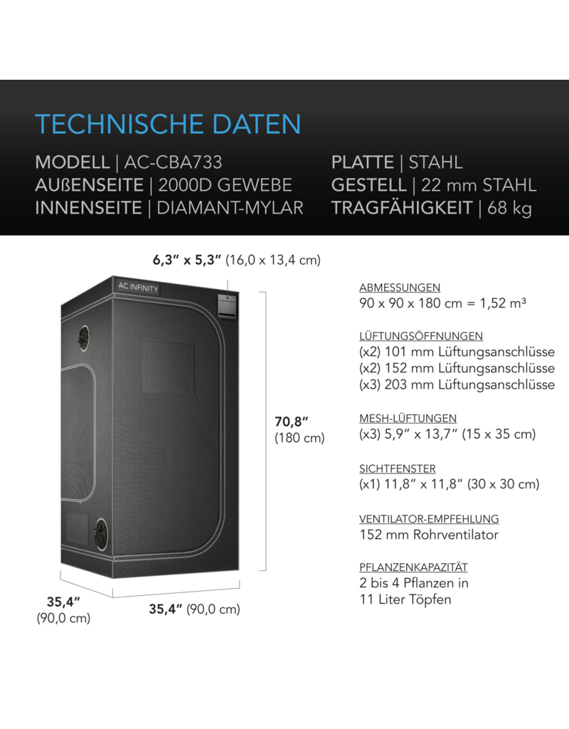 AC Infinity AC Infinity CLOUDLAB 733 Advanced Growzelt 90 x 90 x 180 cm, 2000D Diamant-Mylar Gewebe