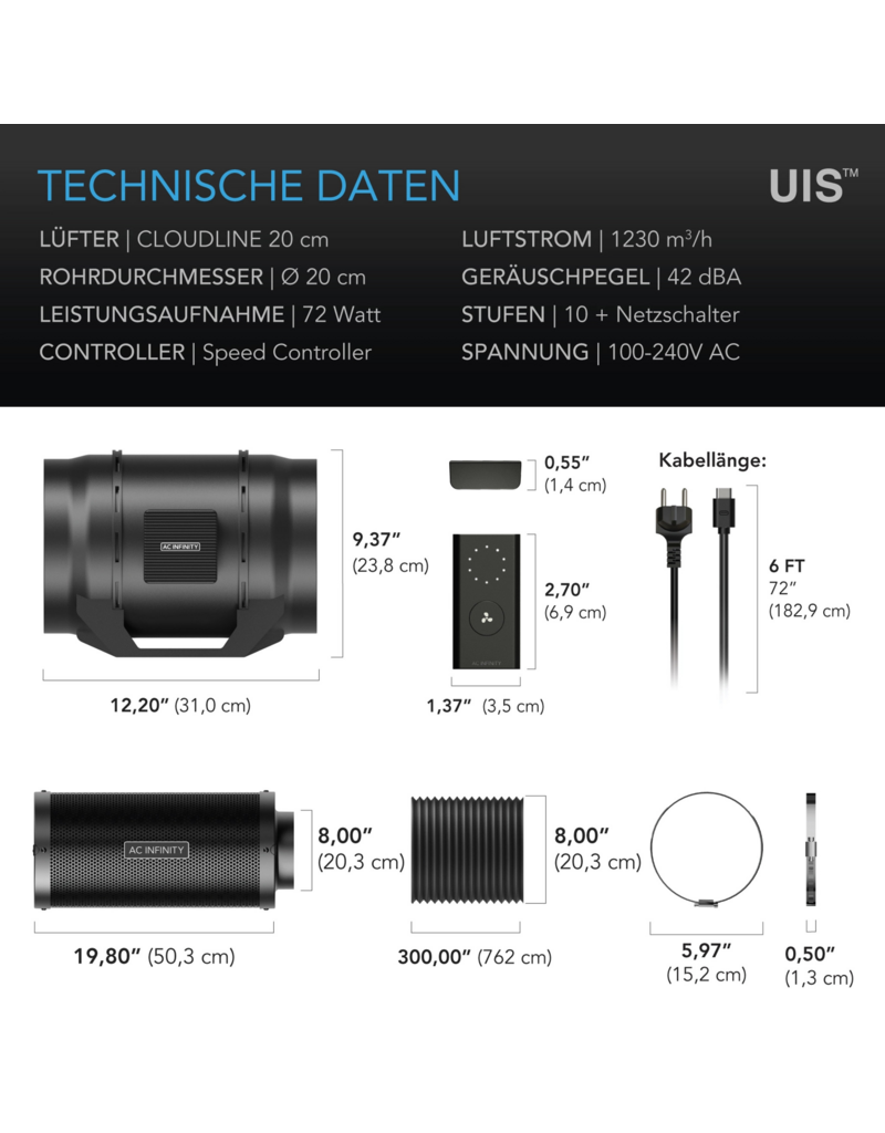 AC Infinity AC Infinity Luftfilterset 200 mm mit Inline-Rohrventilator und Aktivkohlefilter