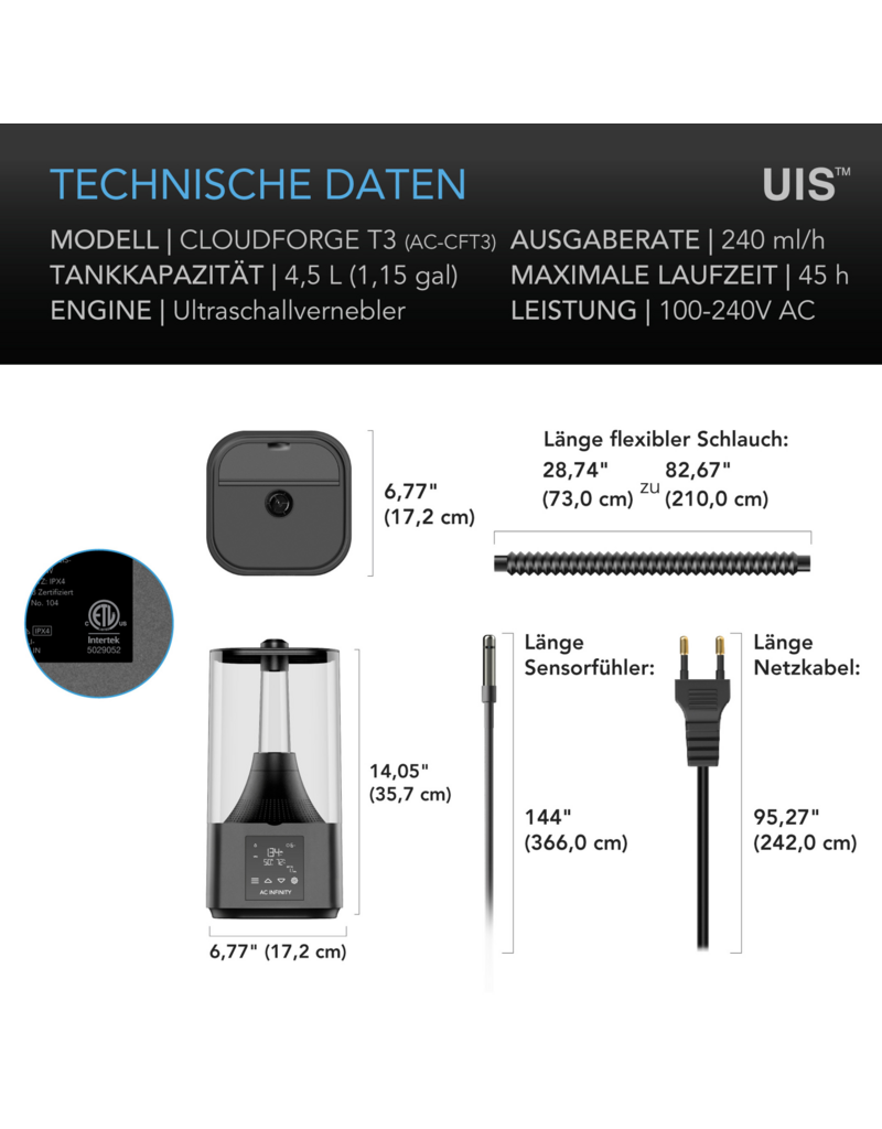 AC Infinity AC Infinity CLOUDFORGE T3 luchtbevochtiger 4.5 L met intelligente aansturing