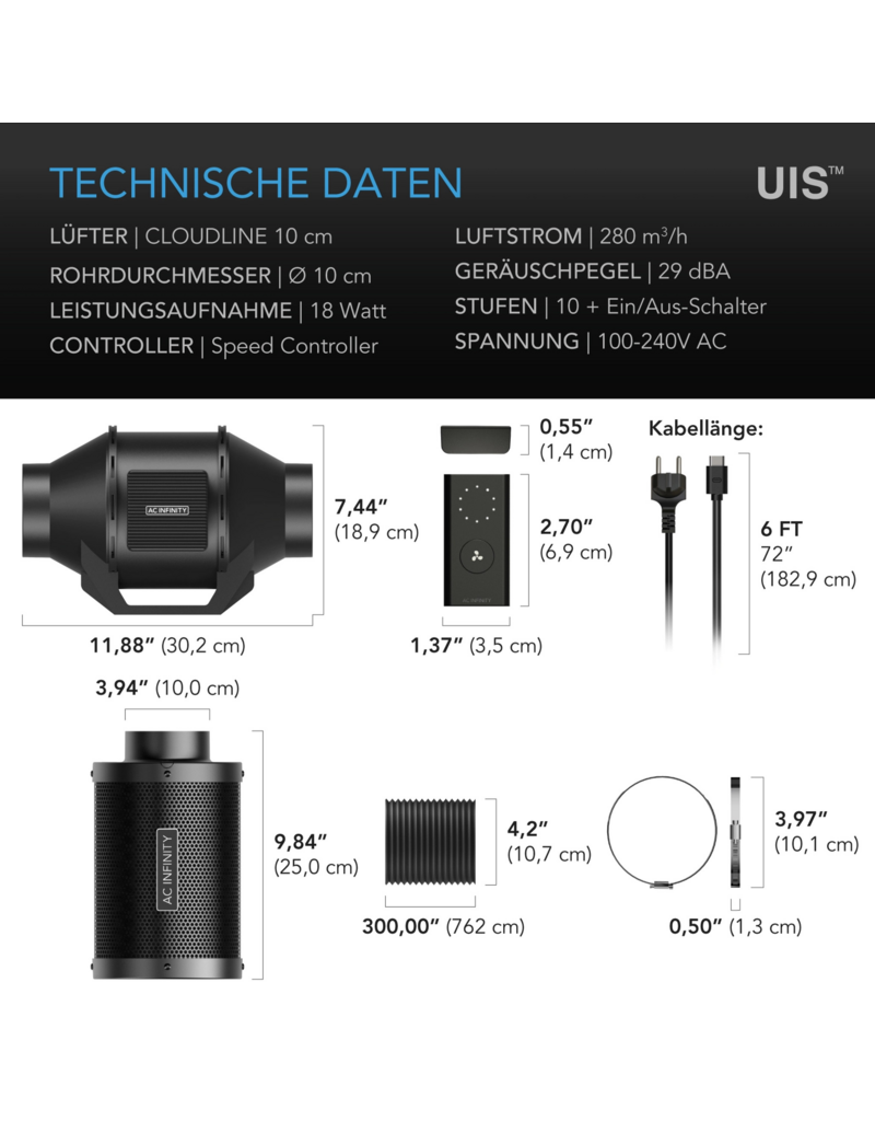 AC Infinity AC Infinity Luftfilterset 100 mm mit Inline-Rohrventilator und Aktivkohlefilter