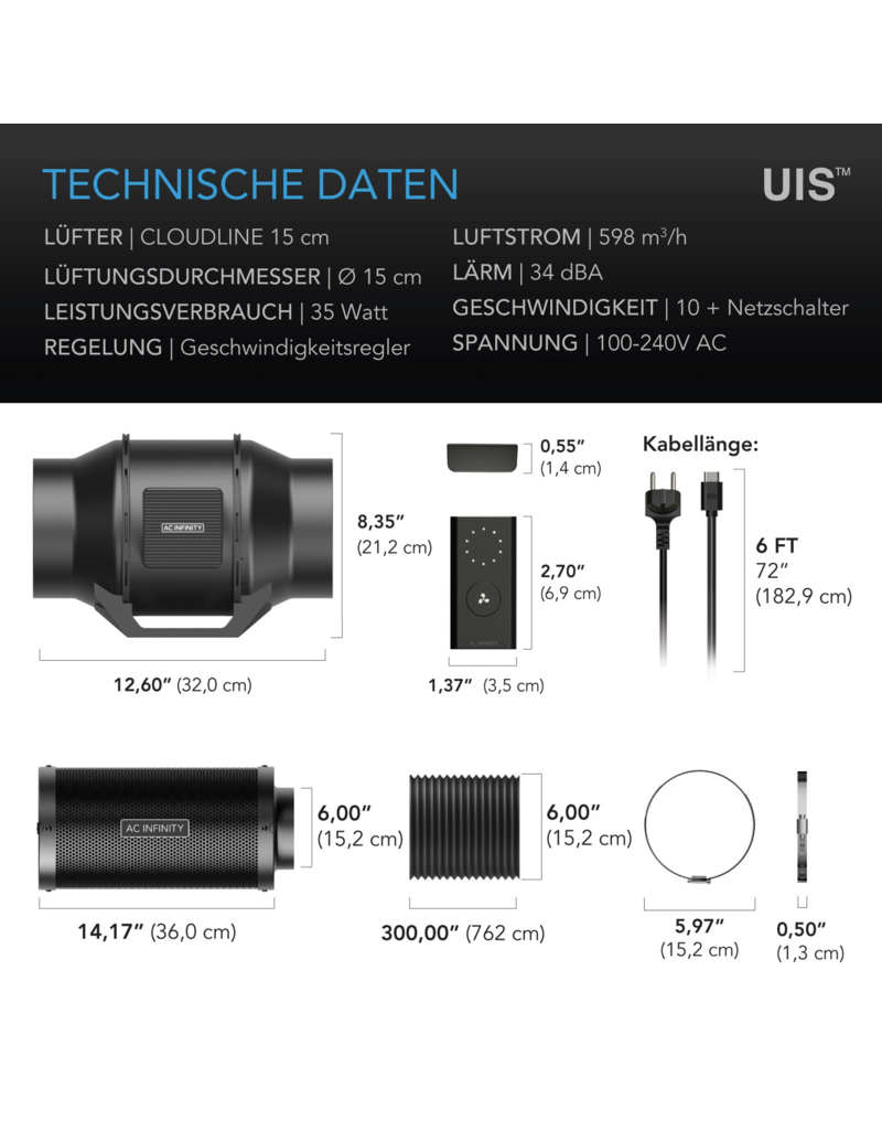 AC Infinity AC Infinity Luftfilterset 150 mm mit Inline-Rohrventilator und Aktivkohlefilter