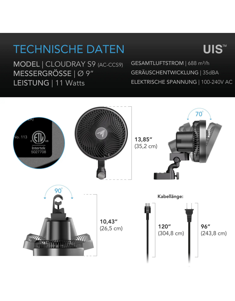 AC Infinity AC Infinity CLOUDRAY S9 clipfan 225 mm, EC-motor, automatische oscillatie