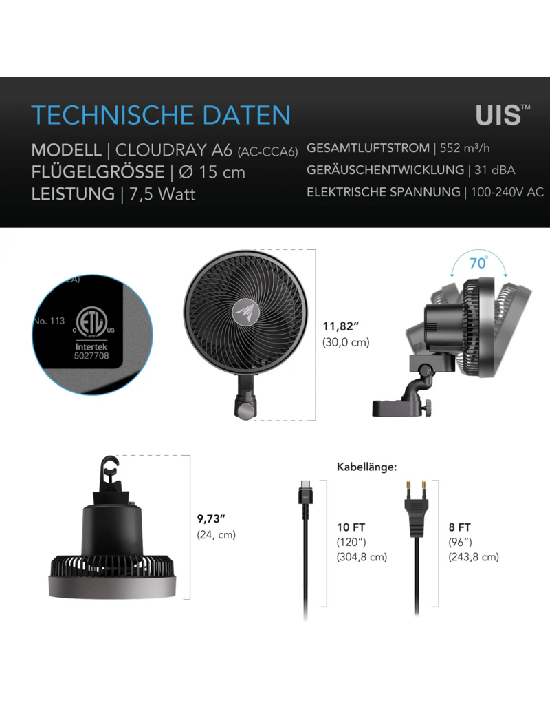 AC Infinity AC Infinity CLOUDRAY A6 clipfan 150 mm, EC-motor, handmatig kantelbaar