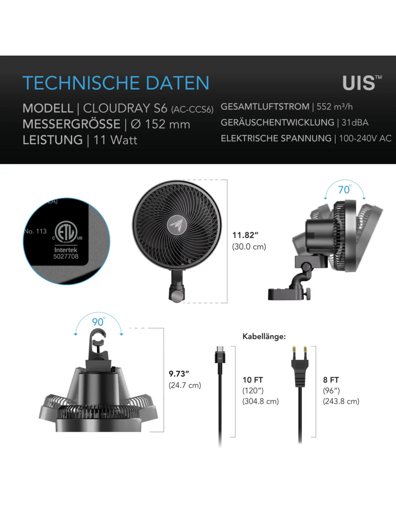 AC Infinity AC Infinity CLOUDRAY S6 clipfan 150 mm, EC-motor, automatische oscillatie