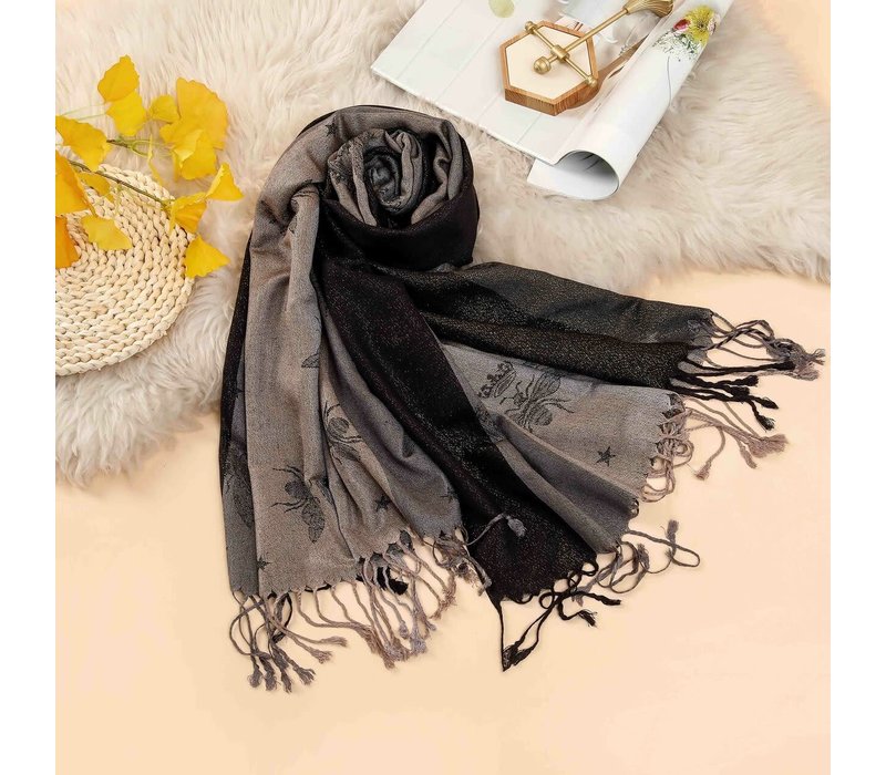 2219 Bee print pashmina Scarf Blk/gold